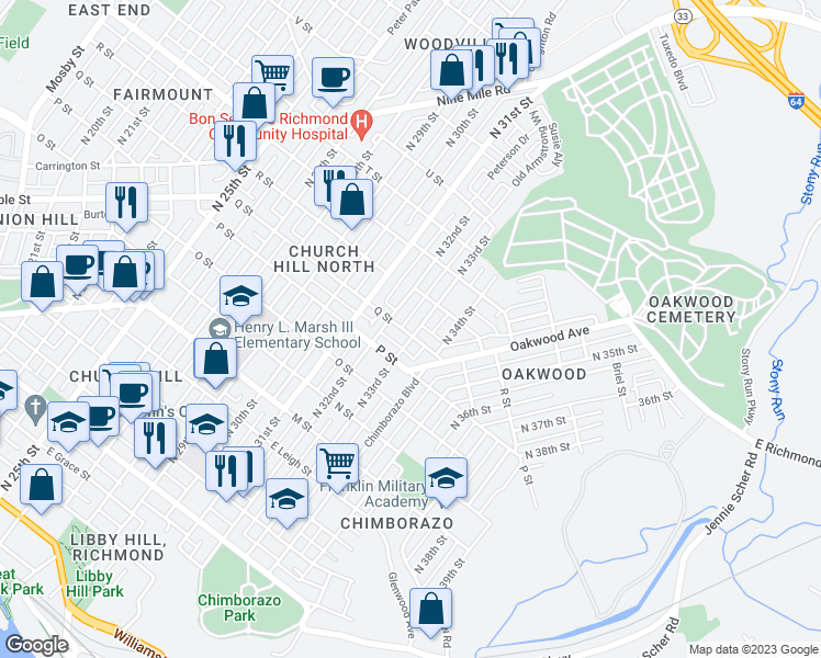 map of restaurants, bars, coffee shops, grocery stores, and more near 3214 Q Street in Richmond