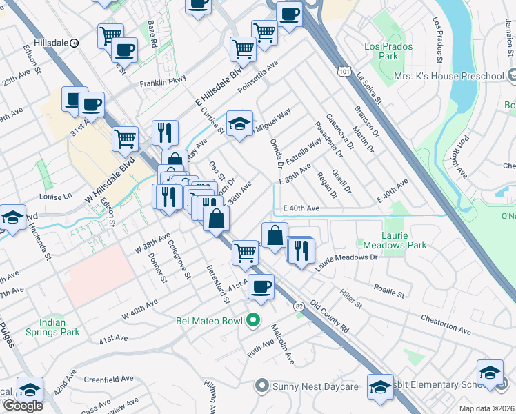 map of restaurants, bars, coffee shops, grocery stores, and more near 67 East 39th Avenue in San Mateo