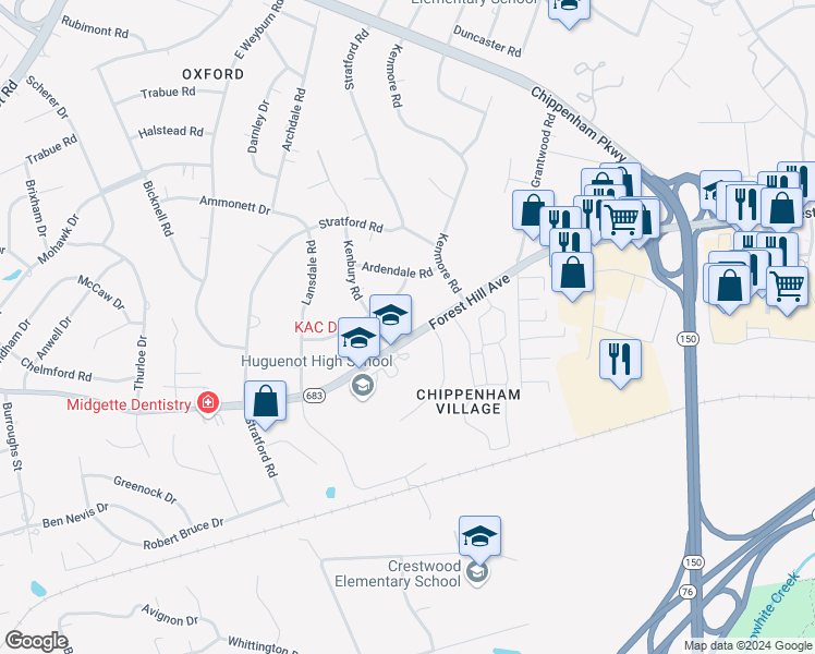 map of restaurants, bars, coffee shops, grocery stores, and more near 7806 Forest Hill Avenue in Richmond