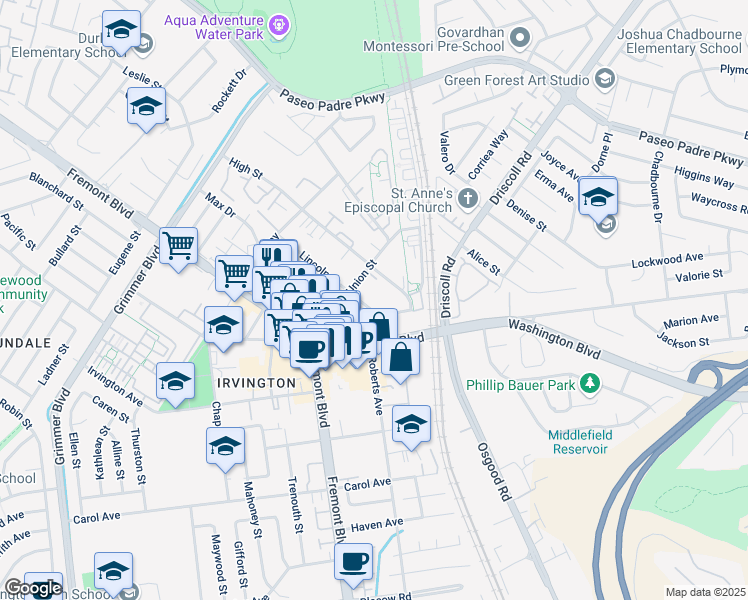 map of restaurants, bars, coffee shops, grocery stores, and more near 41053 High Street in Fremont
