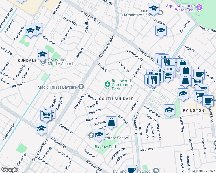 map of restaurants, bars, coffee shops, grocery stores, and more near 40256 Bonica Rose Terrace in Fremont