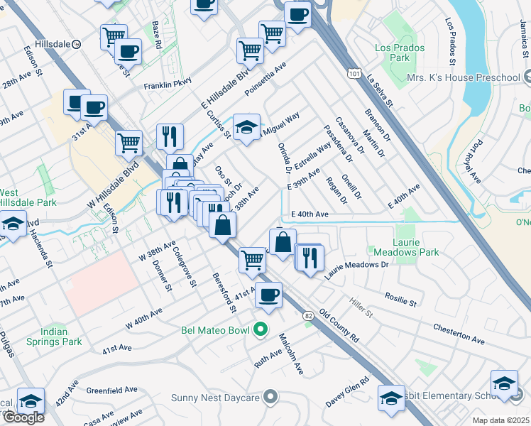 map of restaurants, bars, coffee shops, grocery stores, and more near 67 East 39th Avenue in San Mateo