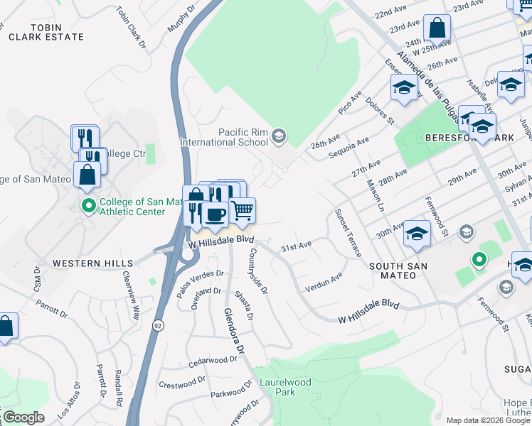 map of restaurants, bars, coffee shops, grocery stores, and more near 10 Scenic Way in San Mateo