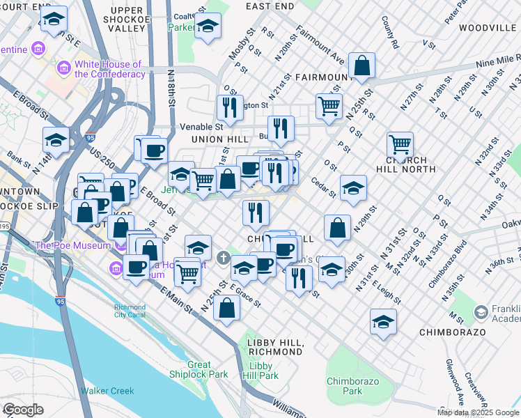 map of restaurants, bars, coffee shops, grocery stores, and more near 508 North 24th Street in Richmond