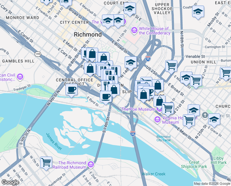 map of restaurants, bars, coffee shops, grocery stores, and more near 1410 East Cary Street in Richmond