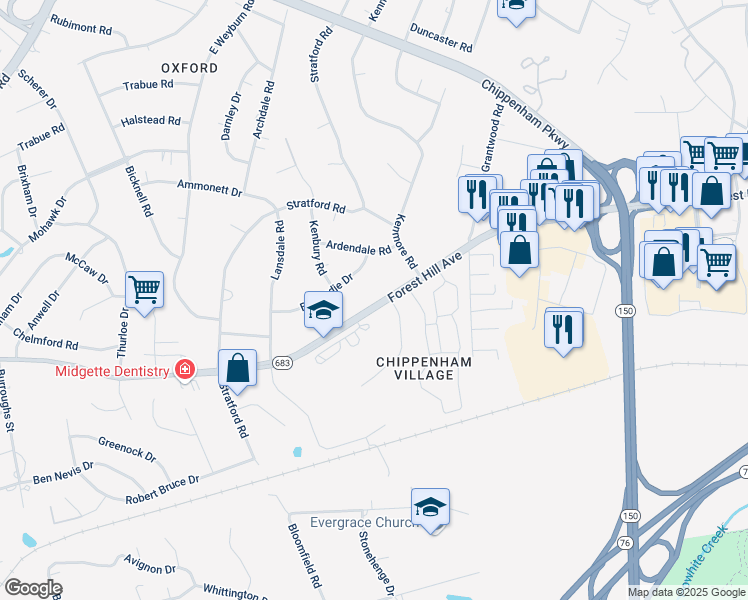 map of restaurants, bars, coffee shops, grocery stores, and more near 7806 Forest Hill Avenue in Richmond