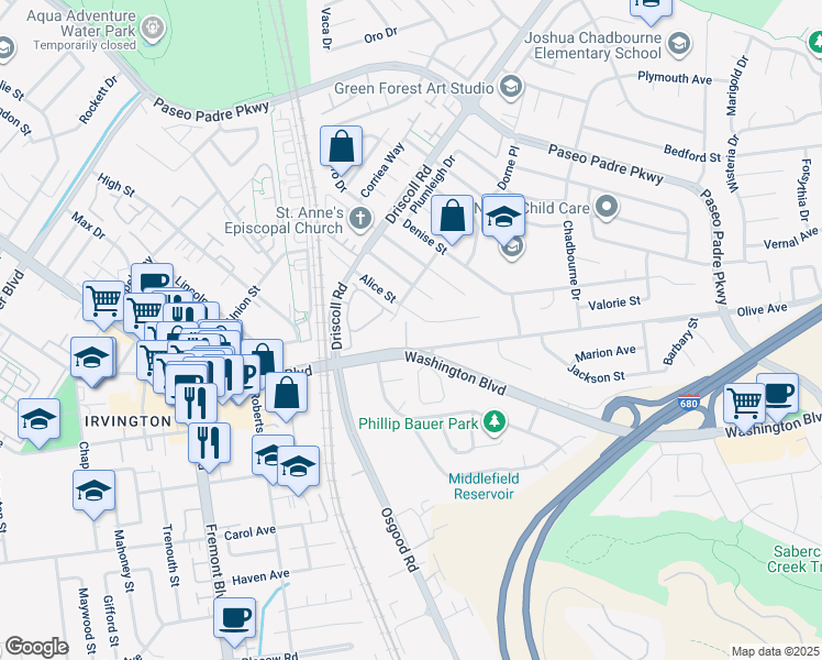 map of restaurants, bars, coffee shops, grocery stores, and more near 41538 Casabella Common in Fremont