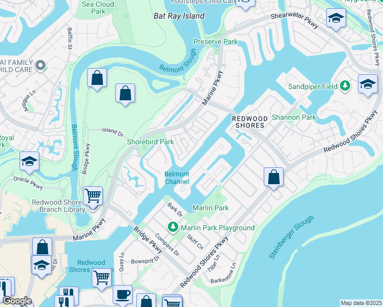 map of restaurants, bars, coffee shops, grocery stores, and more near 756 Newport Circle in Redwood City