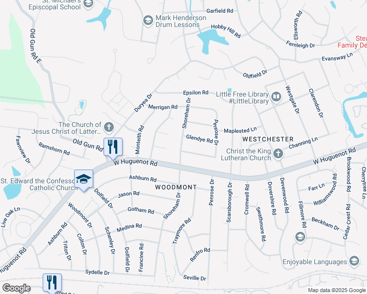map of restaurants, bars, coffee shops, grocery stores, and more near 10245 Glendye Road in Richmond