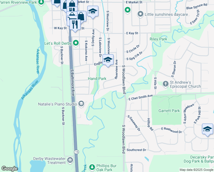 map of restaurants, bars, coffee shops, grocery stores, and more near 514 East Park Lane Street in Derby