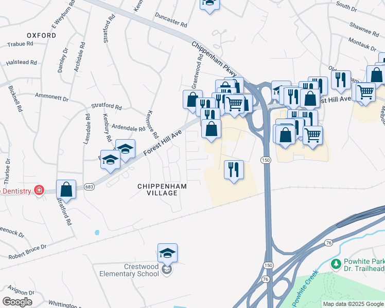 map of restaurants, bars, coffee shops, grocery stores, and more near 7545 Carnaby Court in Richmond