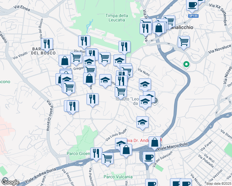 map of restaurants, bars, coffee shops, grocery stores, and more near 57 Via Pietra dell'Ova in Catania