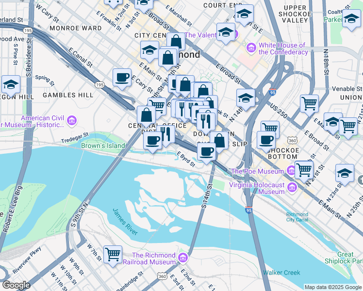 map of restaurants, bars, coffee shops, grocery stores, and more near 265 South 12th Street in Richmond