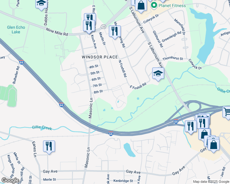 map of restaurants, bars, coffee shops, grocery stores, and more near 4405 Foxfire Lane in Richmond