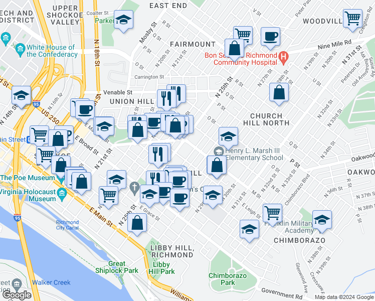 map of restaurants, bars, coffee shops, grocery stores, and more near 602 North 26th Street in Richmond