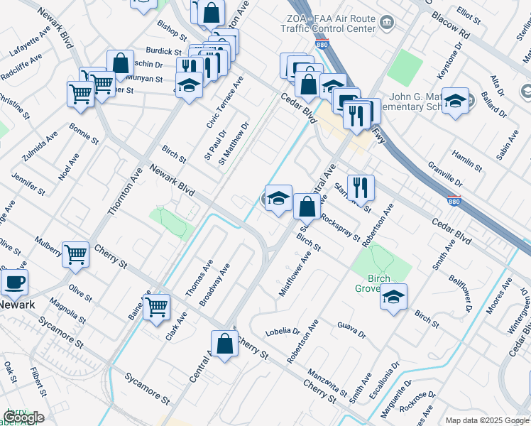 map of restaurants, bars, coffee shops, grocery stores, and more near 37480 Birch Street in Newark