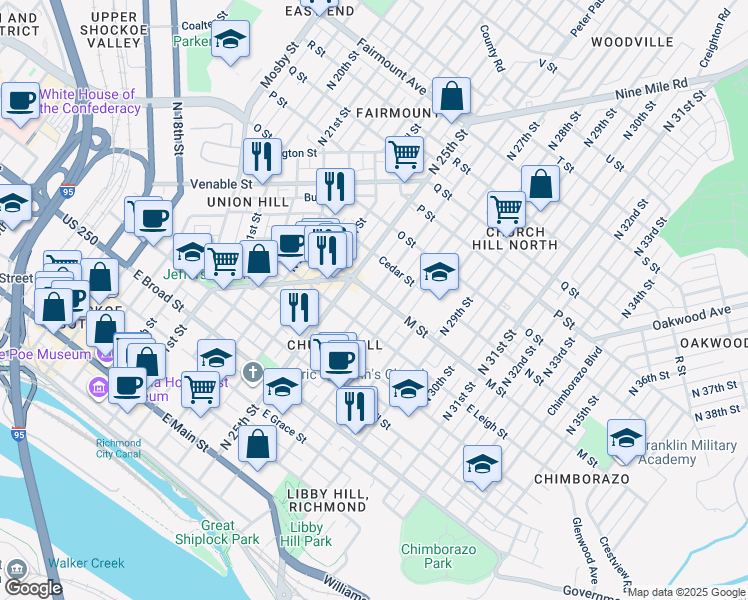 map of restaurants, bars, coffee shops, grocery stores, and more near 625 North 26th Street in Richmond
