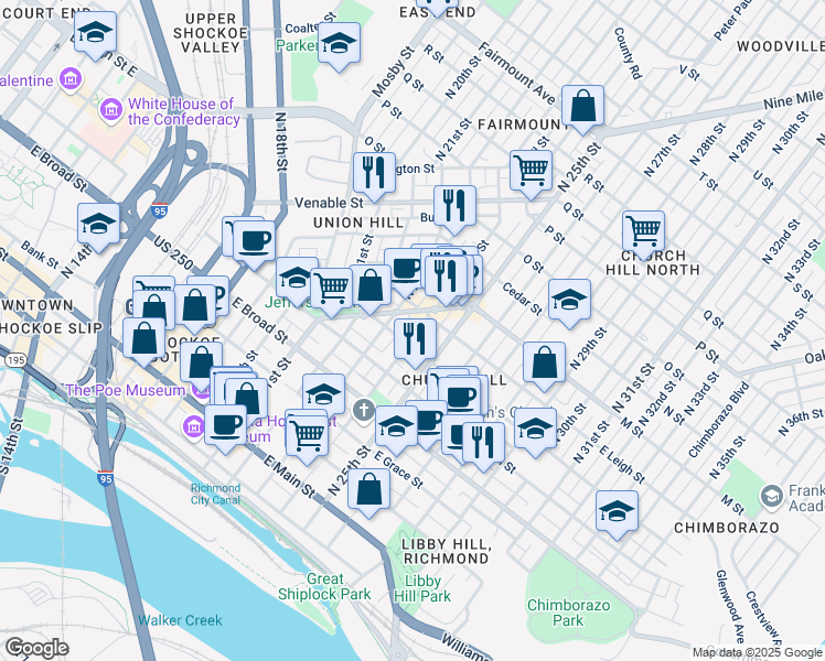 map of restaurants, bars, coffee shops, grocery stores, and more near 508 North 24th Street in Richmond