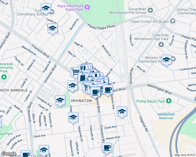 map of restaurants, bars, coffee shops, grocery stores, and more near 3862 Almond Avenue in Fremont