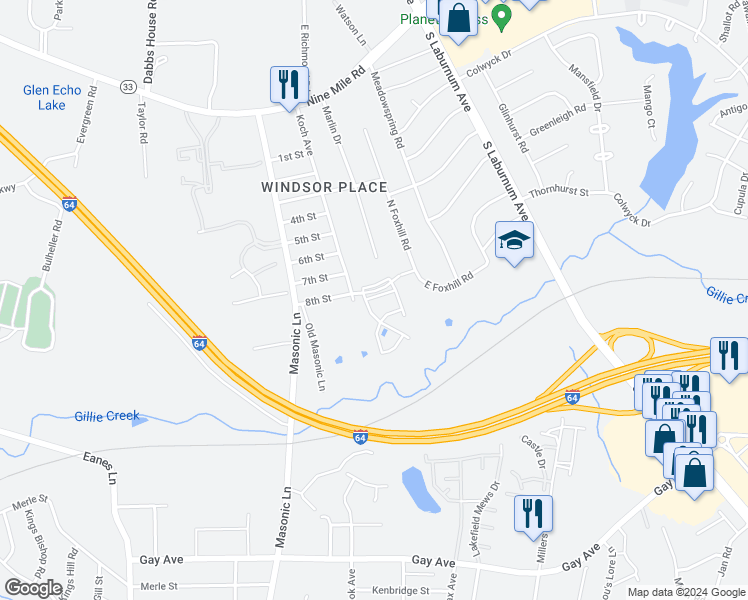 map of restaurants, bars, coffee shops, grocery stores, and more near 4405 Foxfire Lane in Richmond
