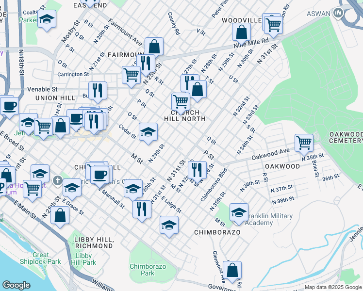 map of restaurants, bars, coffee shops, grocery stores, and more near 901 North 30th Street in Richmond