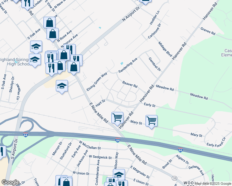 map of restaurants, bars, coffee shops, grocery stores, and more near 1817 Regal Drive in Highland Springs