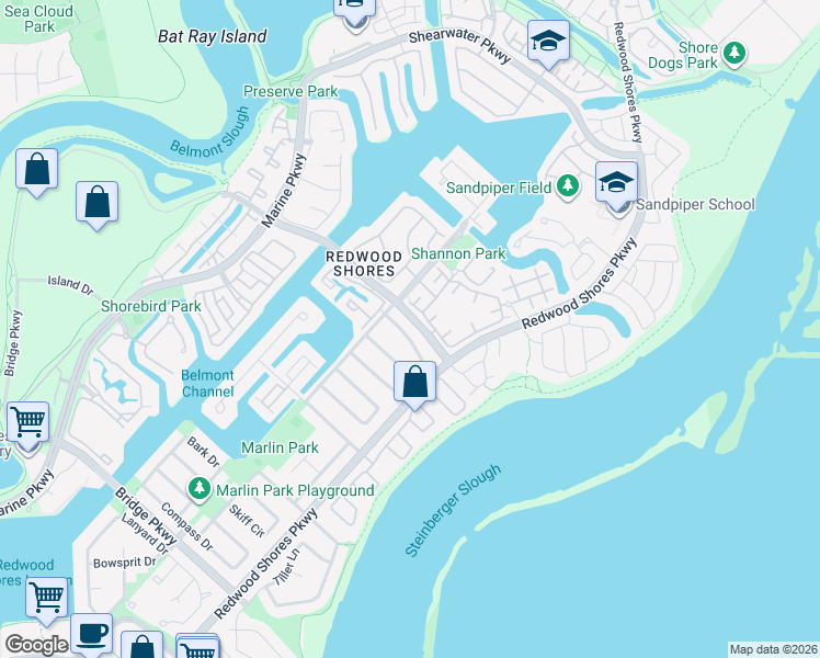 map of restaurants, bars, coffee shops, grocery stores, and more near 578 Seahorse Lane in Redwood City
