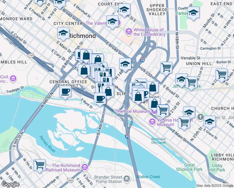map of restaurants, bars, coffee shops, grocery stores, and more near 1422 East Cary Street in Richmond