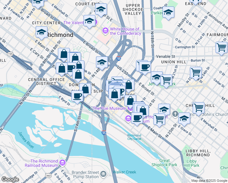 map of restaurants, bars, coffee shops, grocery stores, and more near 18 North 17th Street in Richmond