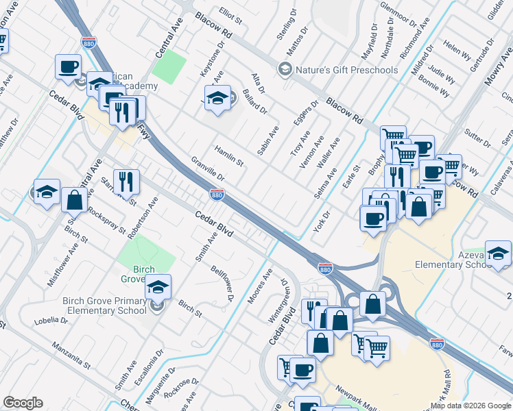 map of restaurants, bars, coffee shops, grocery stores, and more near 38503 Granville Drive in Fremont
