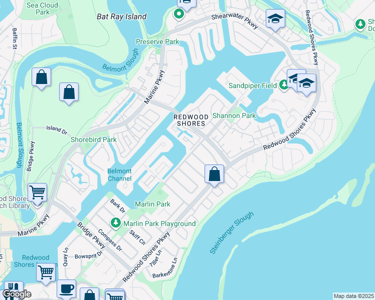 map of restaurants, bars, coffee shops, grocery stores, and more near 755 Barnegat Lane in Redwood City