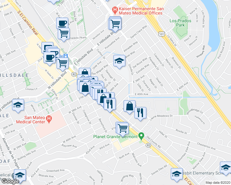 map of restaurants, bars, coffee shops, grocery stores, and more near 67 East 39th Avenue in San Mateo