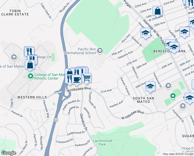 map of restaurants, bars, coffee shops, grocery stores, and more near 8 Fairoaks Court in San Mateo