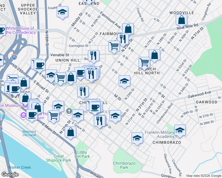 map of restaurants, bars, coffee shops, grocery stores, and more near 708 North 27th Street in Richmond