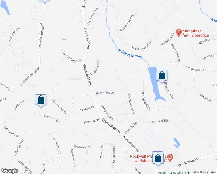 map of restaurants, bars, coffee shops, grocery stores, and more near 14140 Netherfield Drive in Midlothian