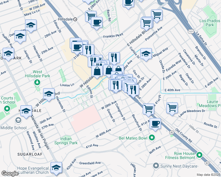 map of restaurants, bars, coffee shops, grocery stores, and more near 3603 Colegrove Street in San Mateo