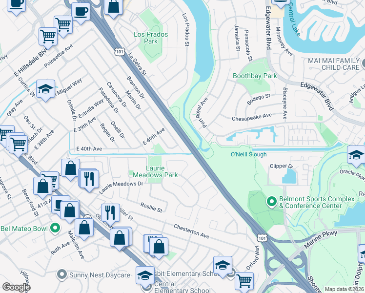 map of restaurants, bars, coffee shops, grocery stores, and more near 4105 Branson Drive in San Mateo