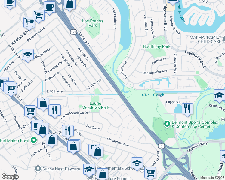map of restaurants, bars, coffee shops, grocery stores, and more near 4105 Branson Drive in San Mateo