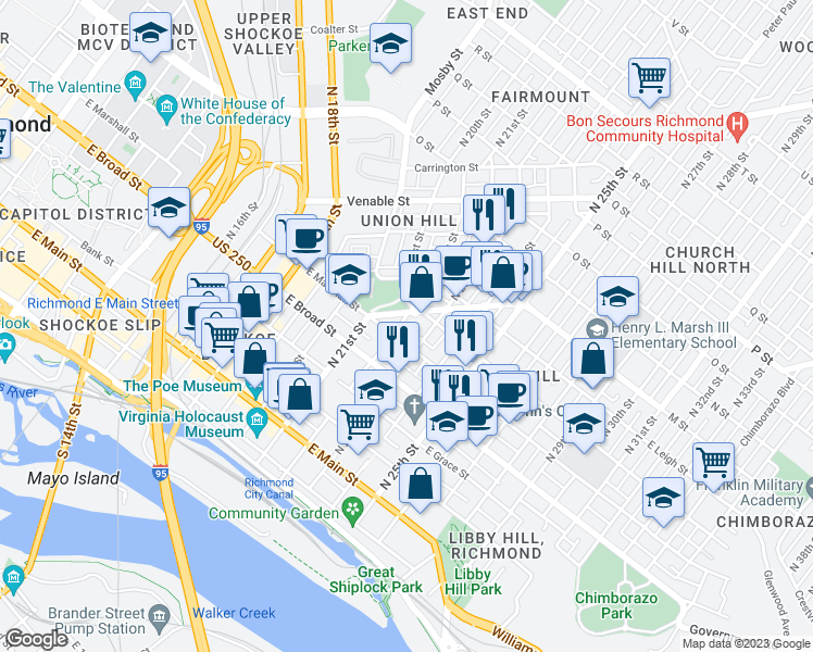 map of restaurants, bars, coffee shops, grocery stores, and more near 413 North 22nd Street in Richmond