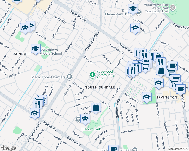 map of restaurants, bars, coffee shops, grocery stores, and more near 40268 Bonica Rose Terrace in Fremont