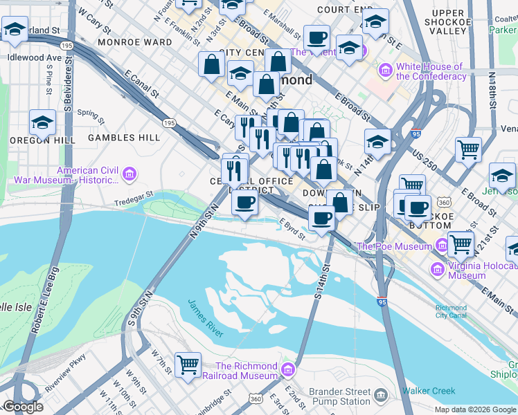 map of restaurants, bars, coffee shops, grocery stores, and more near 300 South 11th Street in Richmond