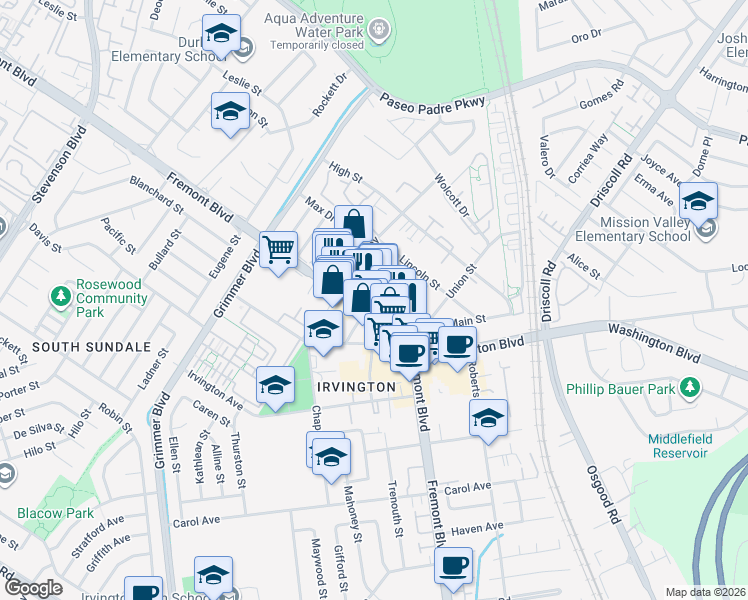 map of restaurants, bars, coffee shops, grocery stores, and more near 40900 Fremont Boulevard in Fremont