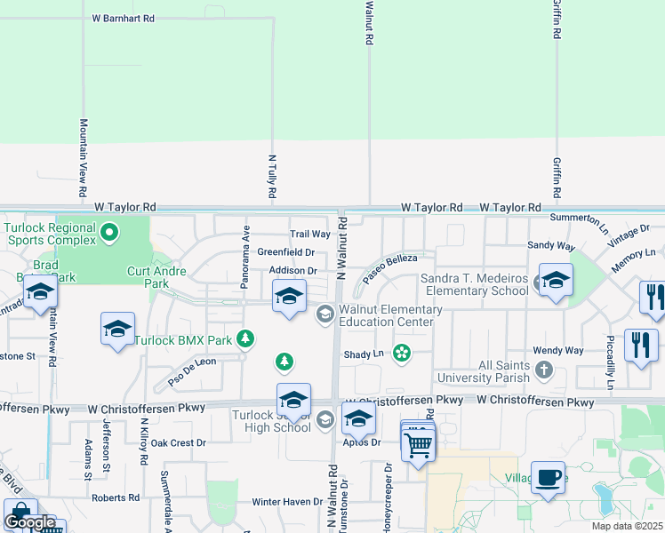 map of restaurants, bars, coffee shops, grocery stores, and more near 4500 Millerton Way in Turlock