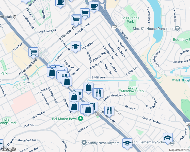 map of restaurants, bars, coffee shops, grocery stores, and more near 225 East 40th Avenue in San Mateo