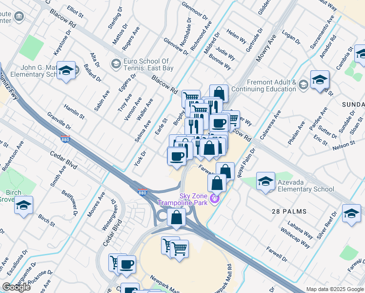 map of restaurants, bars, coffee shops, grocery stores, and more near 38850 Farwell Drive in Fremont