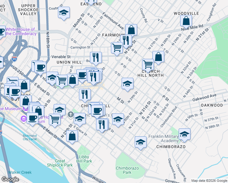 map of restaurants, bars, coffee shops, grocery stores, and more near 708 North 27th Street in Richmond