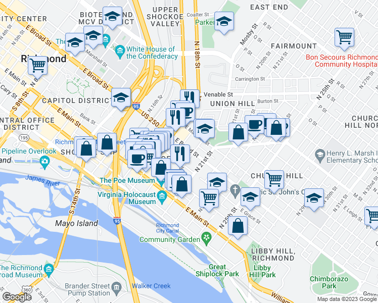 map of restaurants, bars, coffee shops, grocery stores, and more near 1919 East Broad Street in Richmond