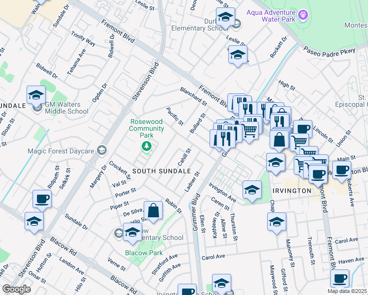 map of restaurants, bars, coffee shops, grocery stores, and more near 4309 Millard Avenue in Fremont