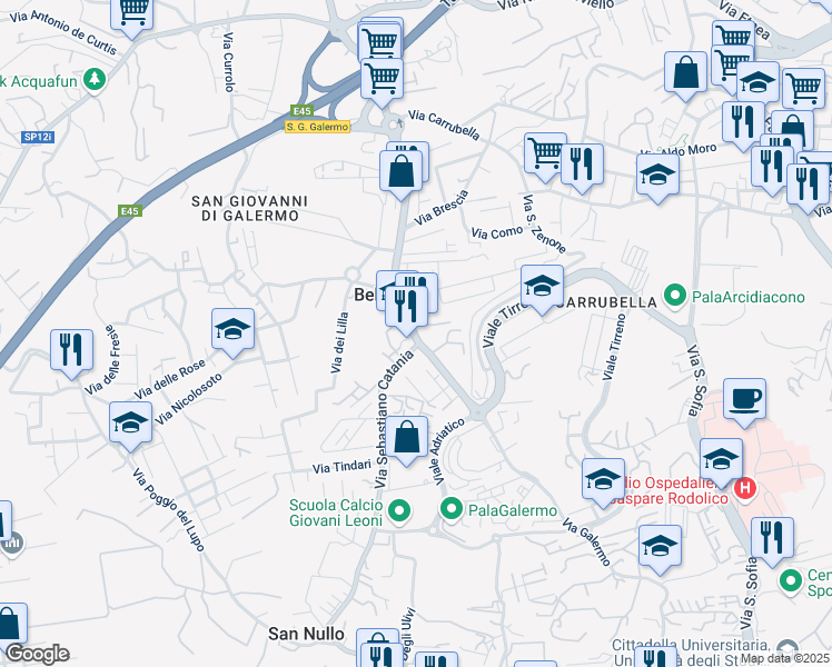 map of restaurants, bars, coffee shops, grocery stores, and more near 276 Via Galermo in Catania