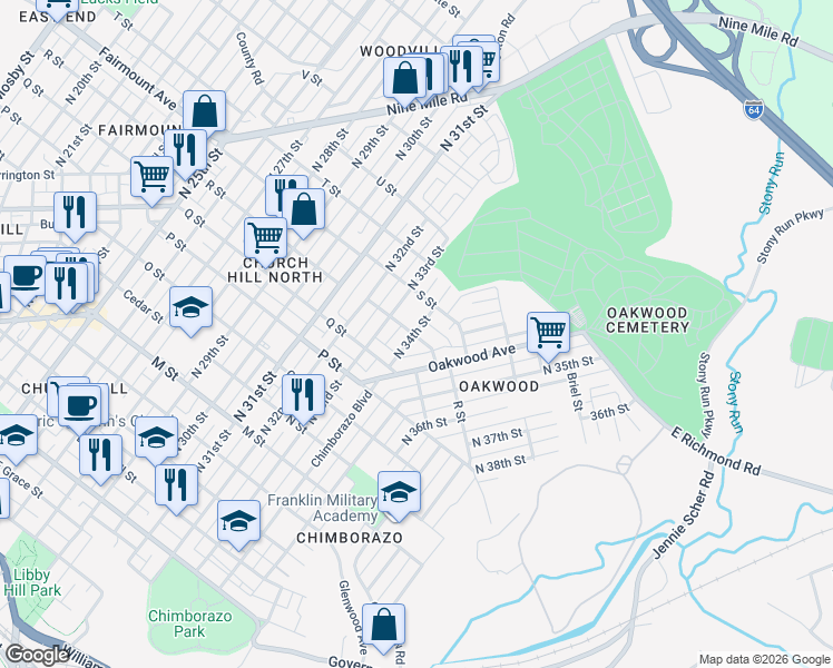map of restaurants, bars, coffee shops, grocery stores, and more near 3400 R Street in Richmond
